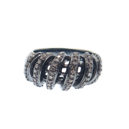 925 Sterling Silver Black Rhodium 2-Tone Real Diamond Twisted Ring Size 7.25