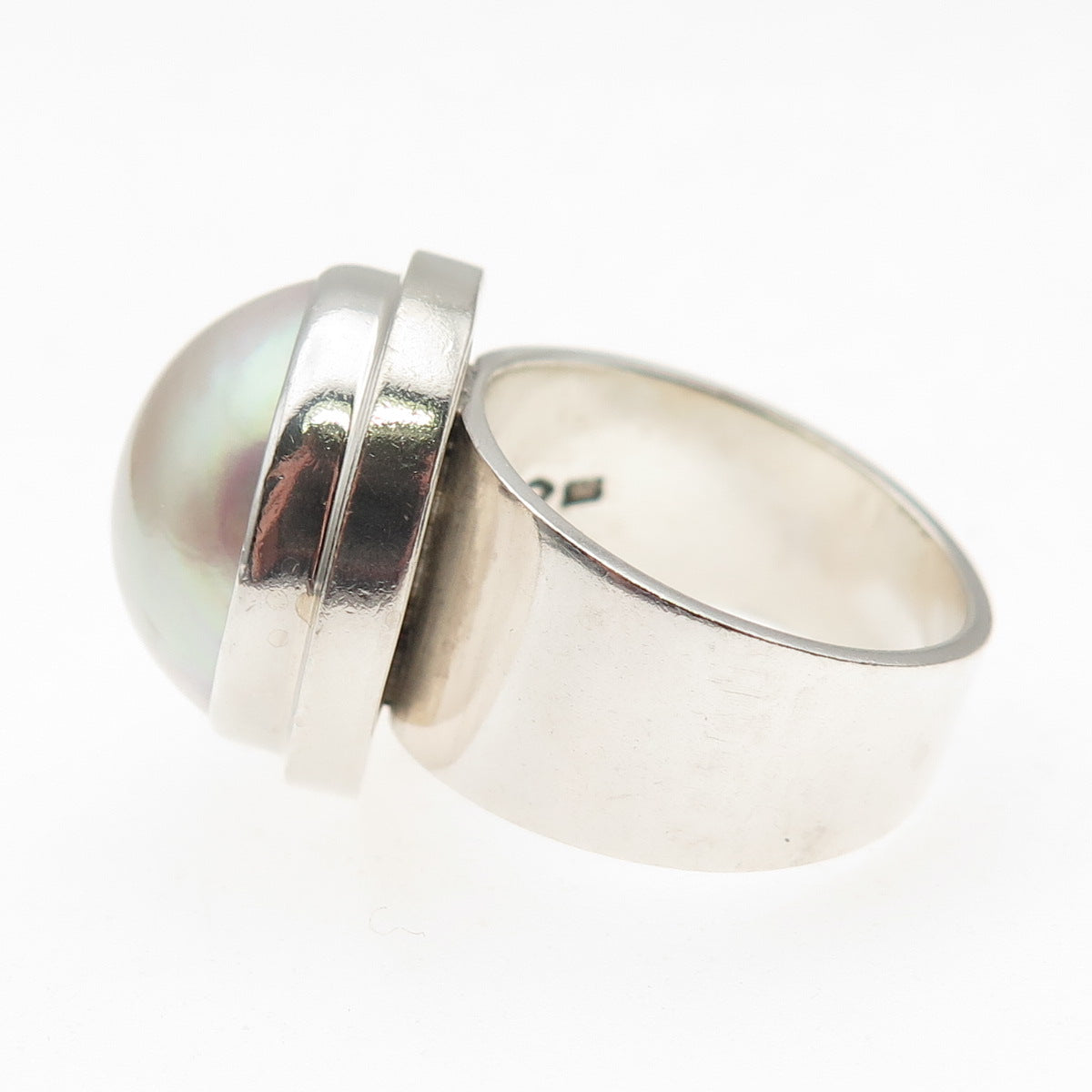 925 Sterling Silver Vintage Real Pearl Modernist Oxidized Ring Size 6.25