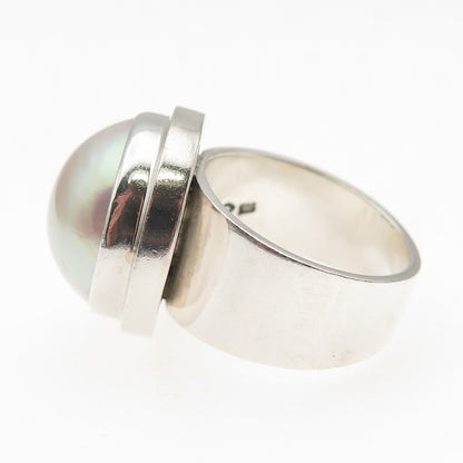 925 Sterling Silver Vintage Real Pearl Modernist Oxidized Ring Size 6.25