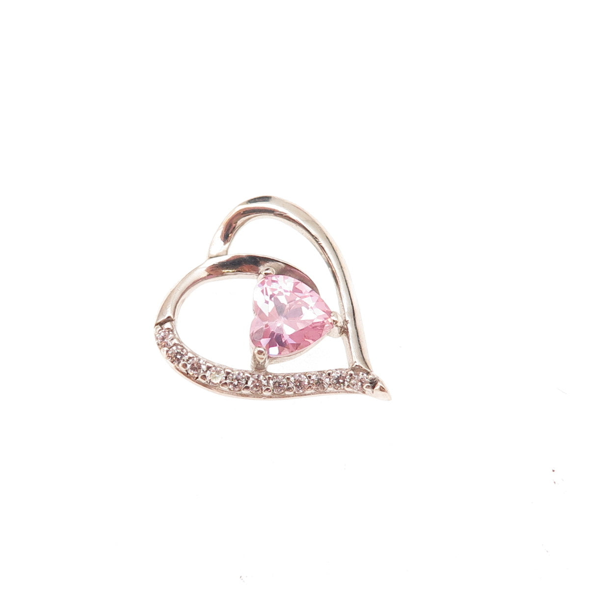 925 Sterling Silver Pink & White C Z Heart Slide Charm Pendant