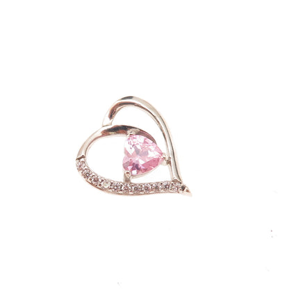 925 Sterling Silver Pink & White C Z Heart Slide Charm Pendant
