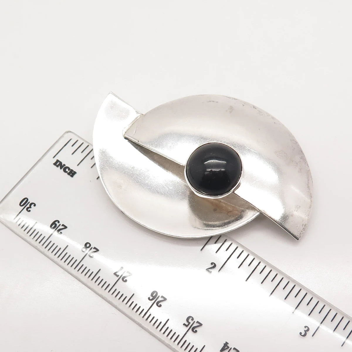 925 Sterling Silver Vintage Mexico Real Black Onyx Gem Modernist Pin Brooch