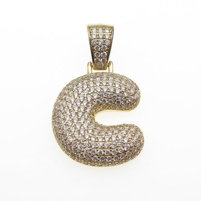 925 Sterling Silver Gold Plated Round-Cut C Z Letter C Initial Pendant