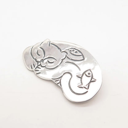 925 Sterling Silver Vintage Mexico Cat Pin Brooch / Pendant
