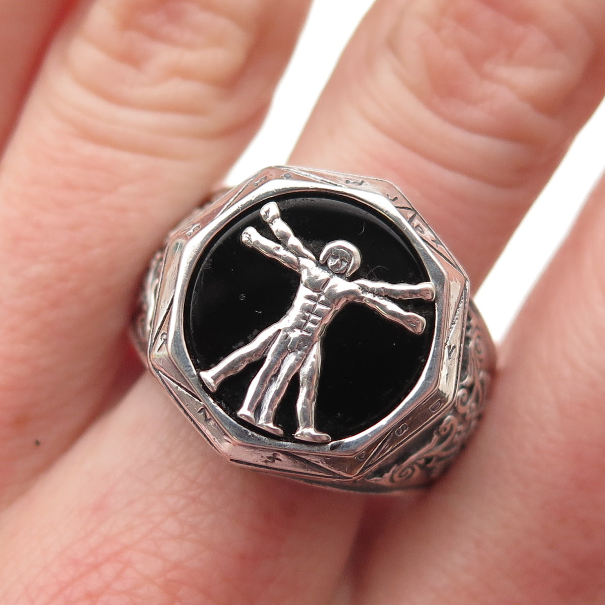CPII 925 Sterling Silver Vintage Real Black Onyx Vitruvian Man Ring Size 12.5