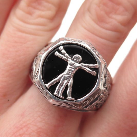 CPII 925 Sterling Silver Vintage Real Black Onyx Vitruvian Man Ring Size 12.5
