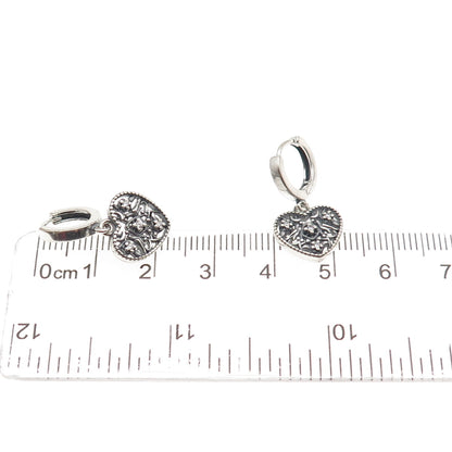 925 Sterling Silver Round-Cut C Z Ornate Heart Charm Hoop Earrings