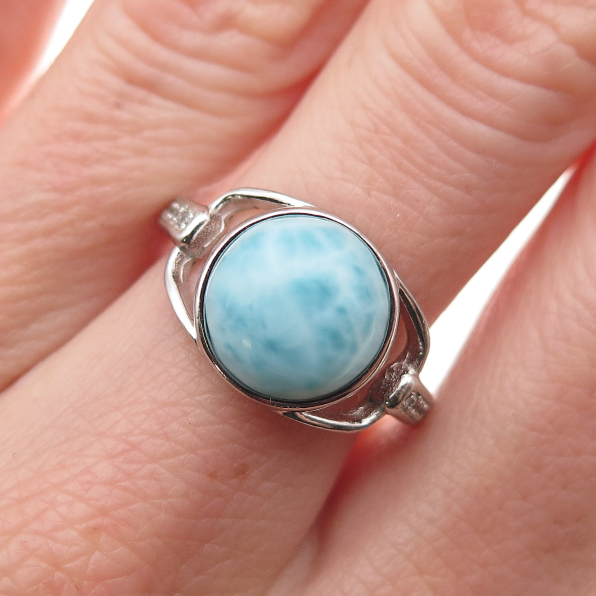 925 Sterling Silver Real Larimar & C Z Modernist Ring Size 7.25