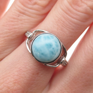 925 Sterling Silver Real Larimar & C Z Modernist Ring Size 7.25