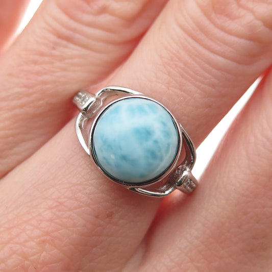 925 Sterling Silver Real Larimar & C Z Modernist Ring Size 7.25