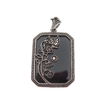 925 Sterling Silver Vintage Real Diamond & Black Onyx Floral Oxidized Pendant