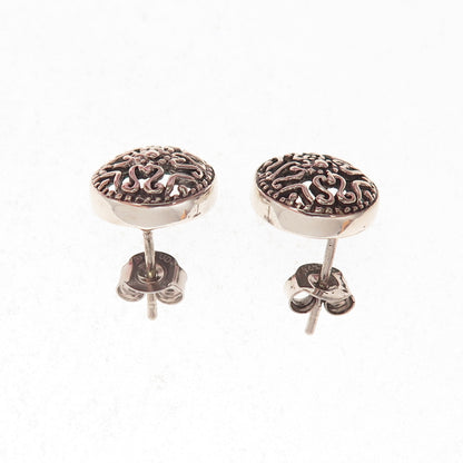 925 Sterling Silver Vintage Heart Cross Disc Oxidized Stud Earrings