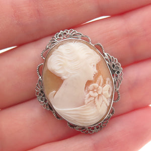 925 Sterling Silver Antique Art Deco Real MOP Lady Cameo Oxidized Pin Brooch