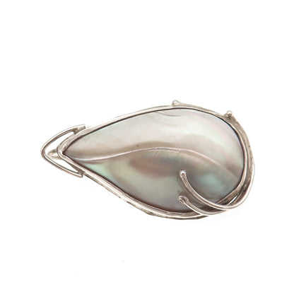 925 Sterling Silver Vintage Real MOP Modernist Oxidized Pin Brooch / Pendant
