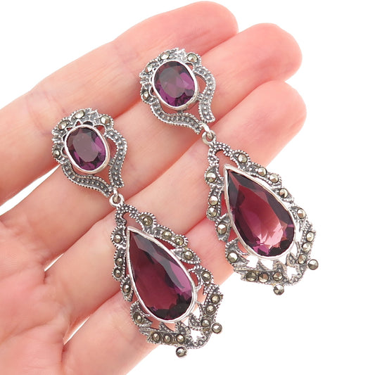 925 Sterling Silver Vintage Real Amethyst & Marcasite Oxidized Dangle Earrings