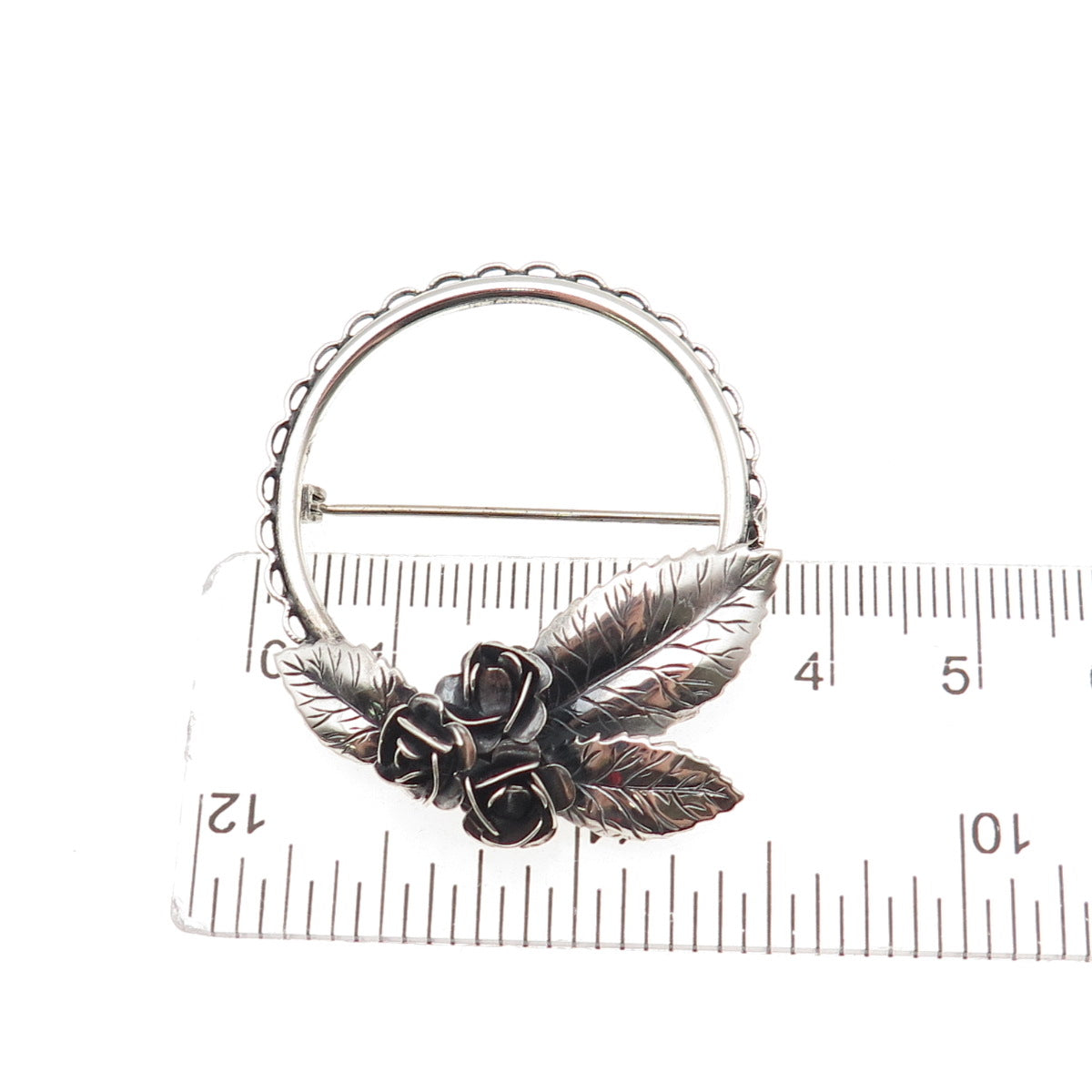 Beau 925 Sterling Silver Vintage Rose Floral Oxidized Pin Brooch