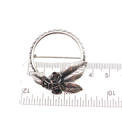 Beau 925 Sterling Silver Vintage Rose Floral Oxidized Pin Brooch