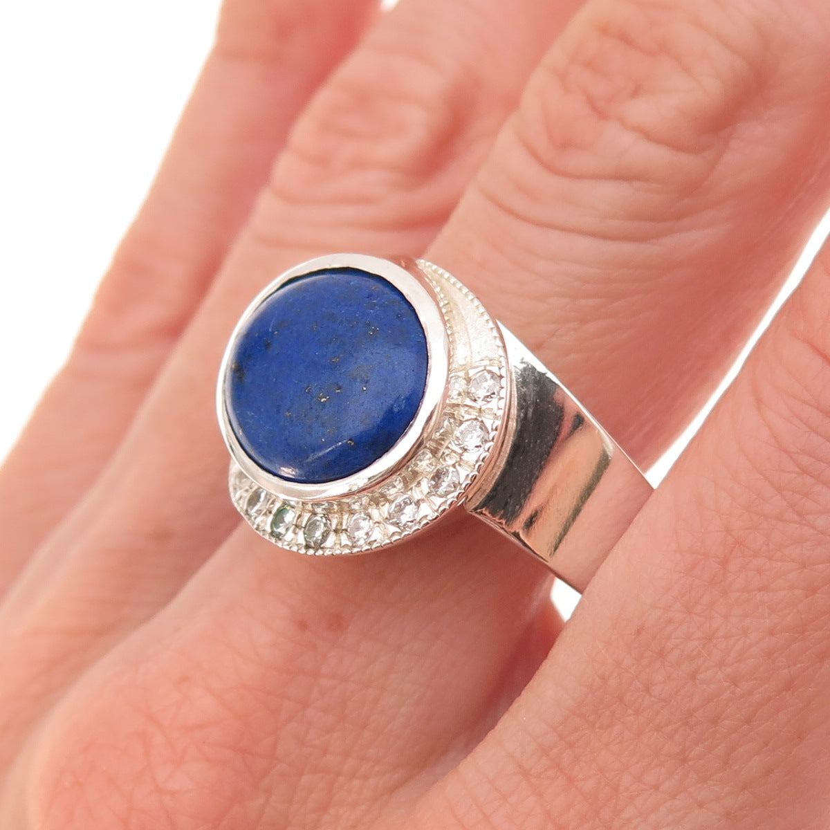 925 Sterling Silver Vintage Real Lapis & C Z Modernist Ring Size 13.5
