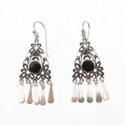 925 Sterling Silver Vintage Real Black Onyx Floral Oxidized Dangle Earrings