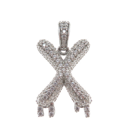925 Sterling Silver Round-Cut C Z Sparkle Melted Letter X Initial Charm Pendant