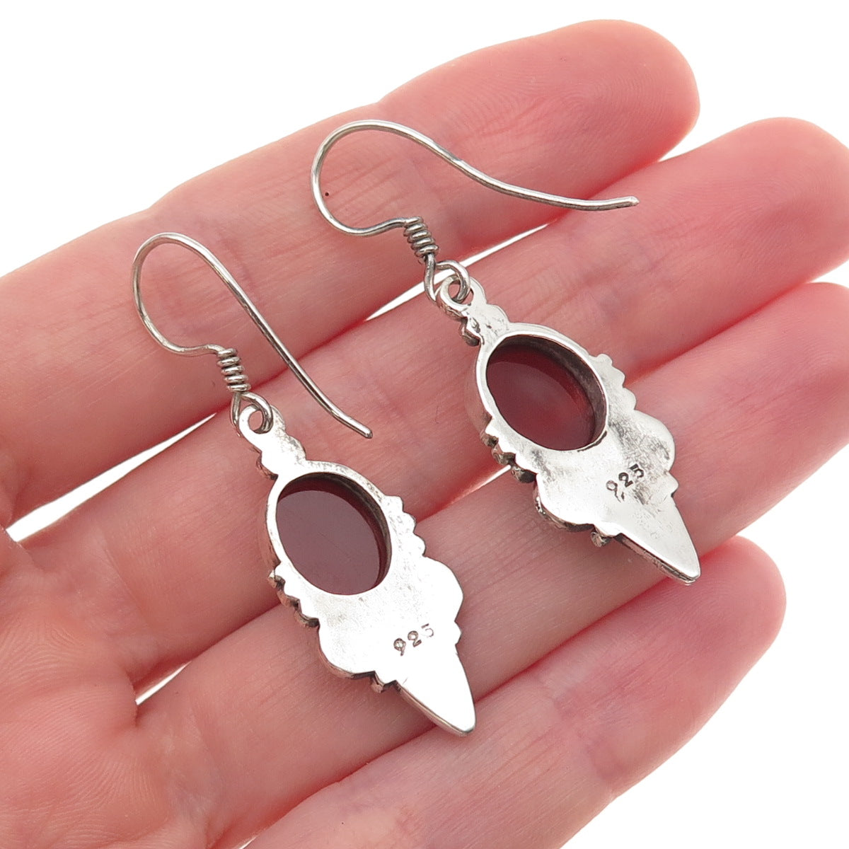 925 Sterling Silver Vintage Real Carnelian Floral Heart Oxidized Dangle Earrings