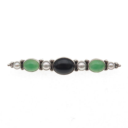 JGD Janice Girardi 925 Sterling Vintage Real Black Onyx Chalcedony Pearl Brooch