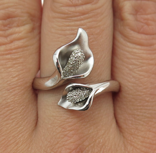 925 Sterling Silver Real Round-Cut Diamond Calla Lily Adjustable Ring Size 10.75