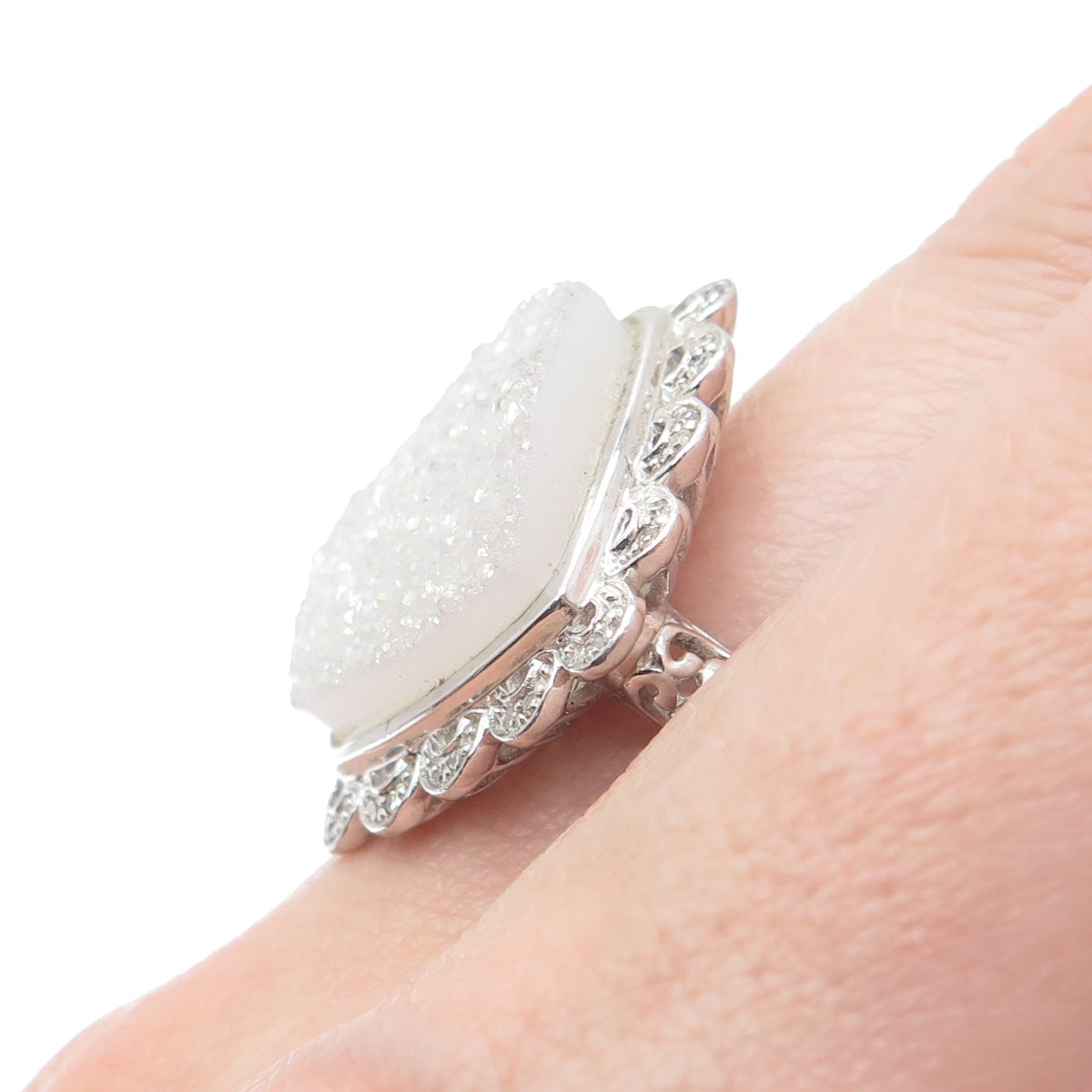 925 Sterling Silver Real Round-Cut Diamond & Druzy Ring Size 8