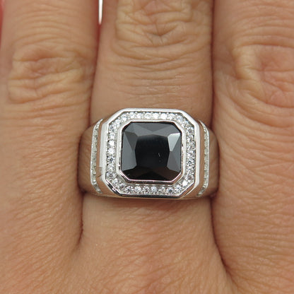 925 Sterling Silver Radiant-Cut Black & Round White C Z Ring Size 8.25