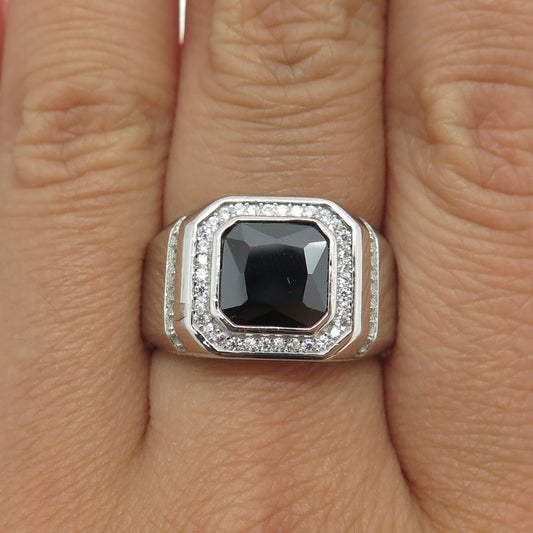 925 Sterling Silver Radiant-Cut Black & Round White C Z Ring Size 8.25