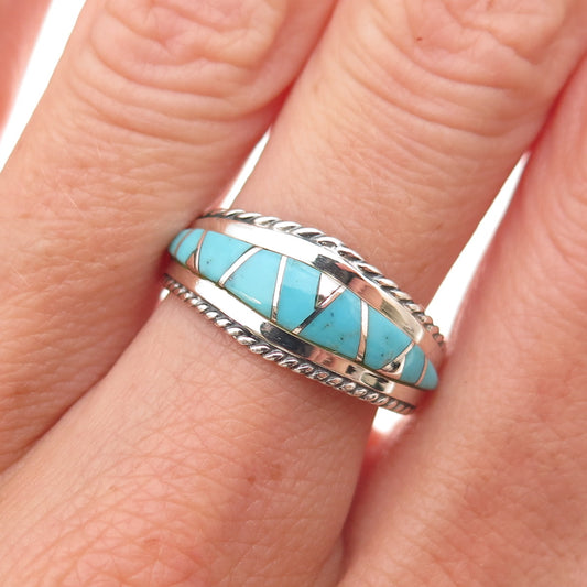 925 Sterling Silver Vintage Real Turquoise Zig Zag Oxidized Ring Size 8.25