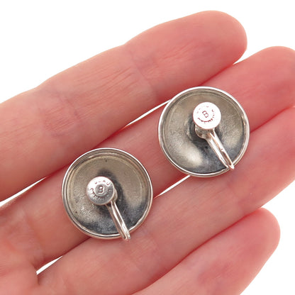 Beau 925 Sterling Silver Antique Art Deco Disc Oxidized Screw Back Earrings