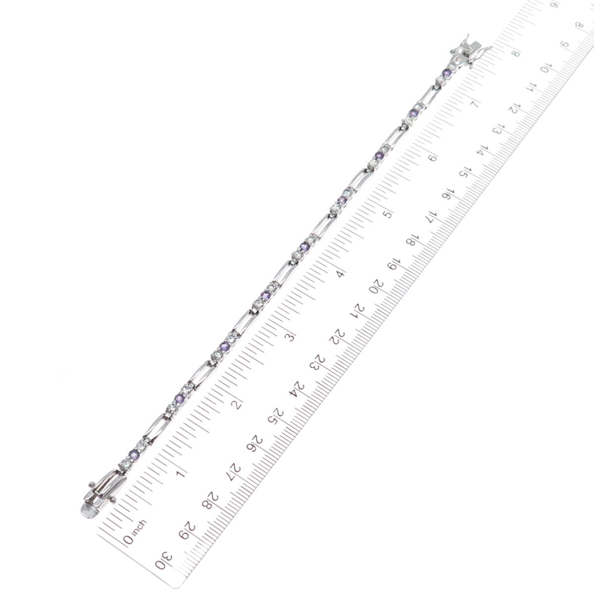 925 Sterling Silver Real Amethyst & C Z Station Tennis Link Bracelet 7.25"