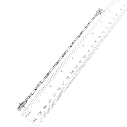 925 Sterling Silver Real Amethyst & C Z Station Tennis Link Bracelet 7.25"