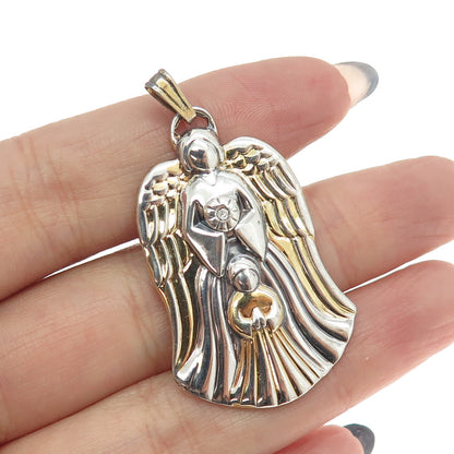 GORHAM 925 Sterling Silver 2-Tone Vintage Real Diamond Guardian Angel Pendant