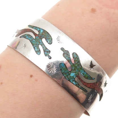 Samson Kee Navajo Old Pawn Sterling Turquoise & Coral Peyote Cuff Bracelet 6.75"