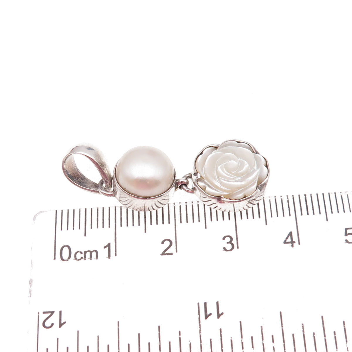925 Sterling Silver Real Pearl & MOP Rose Carved Floral Charm Pendant