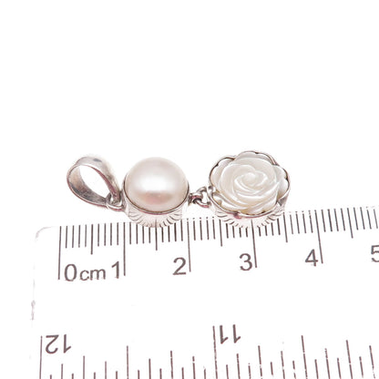 925 Sterling Silver Real Pearl & MOP Rose Carved Floral Charm Pendant