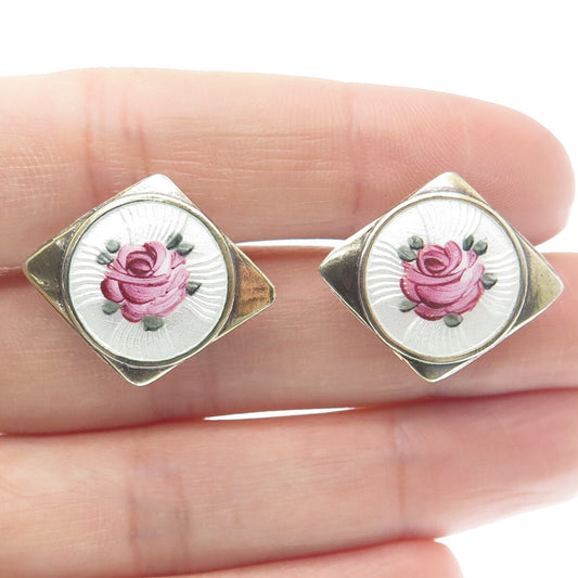 925 Sterling Silver Antique Colorful Enamel Rose Floral Screw Back Earrings
