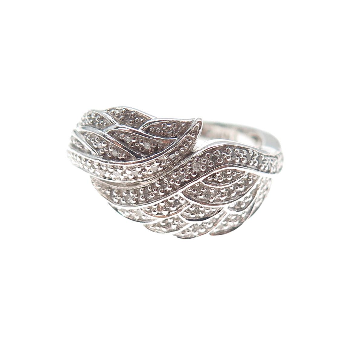 925 Sterling Silver Real Round-Cut Diamond Angel Wings Ring Size 7.25