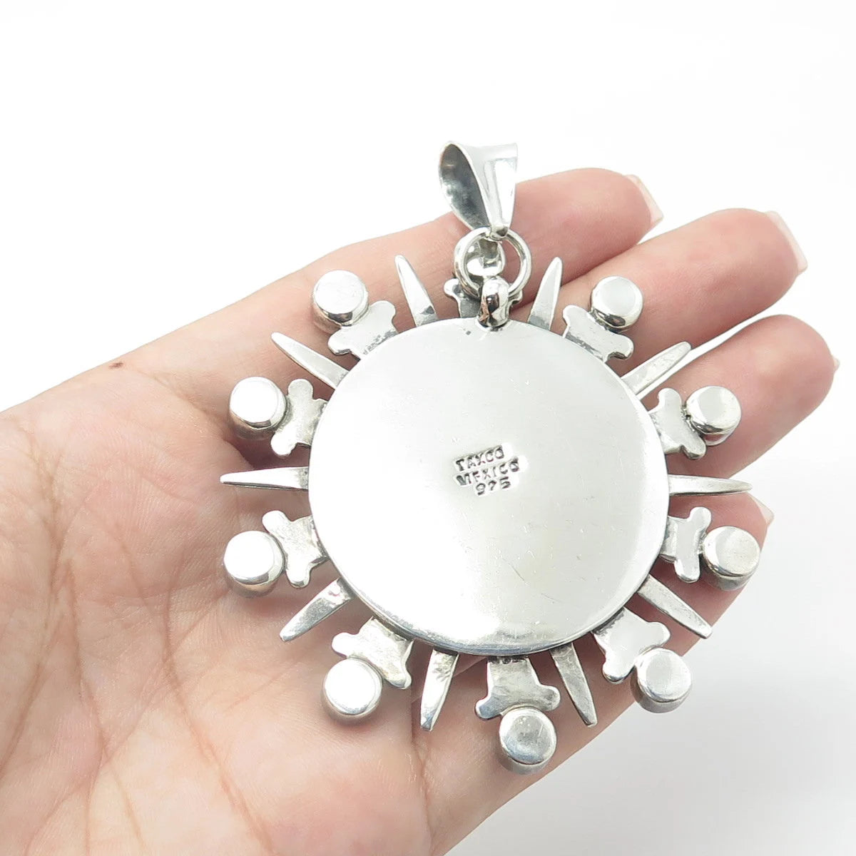 925 Sterling Silver Vintage Mexico Real Malachite Fortune Wheel Pendant