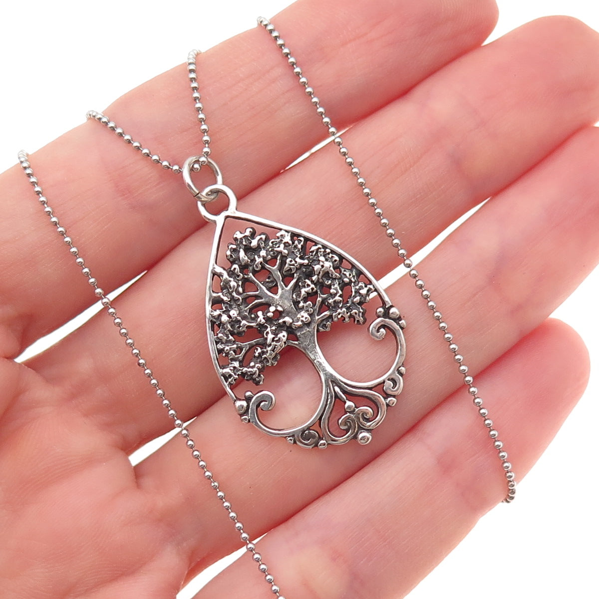 925 Sterling Silver Vintage Tree of Life Ball Beaded Chain Necklace 18"