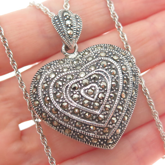 925 Sterling Silver Vintage Real Marcasite Heart Singapore Chain Necklace 18"