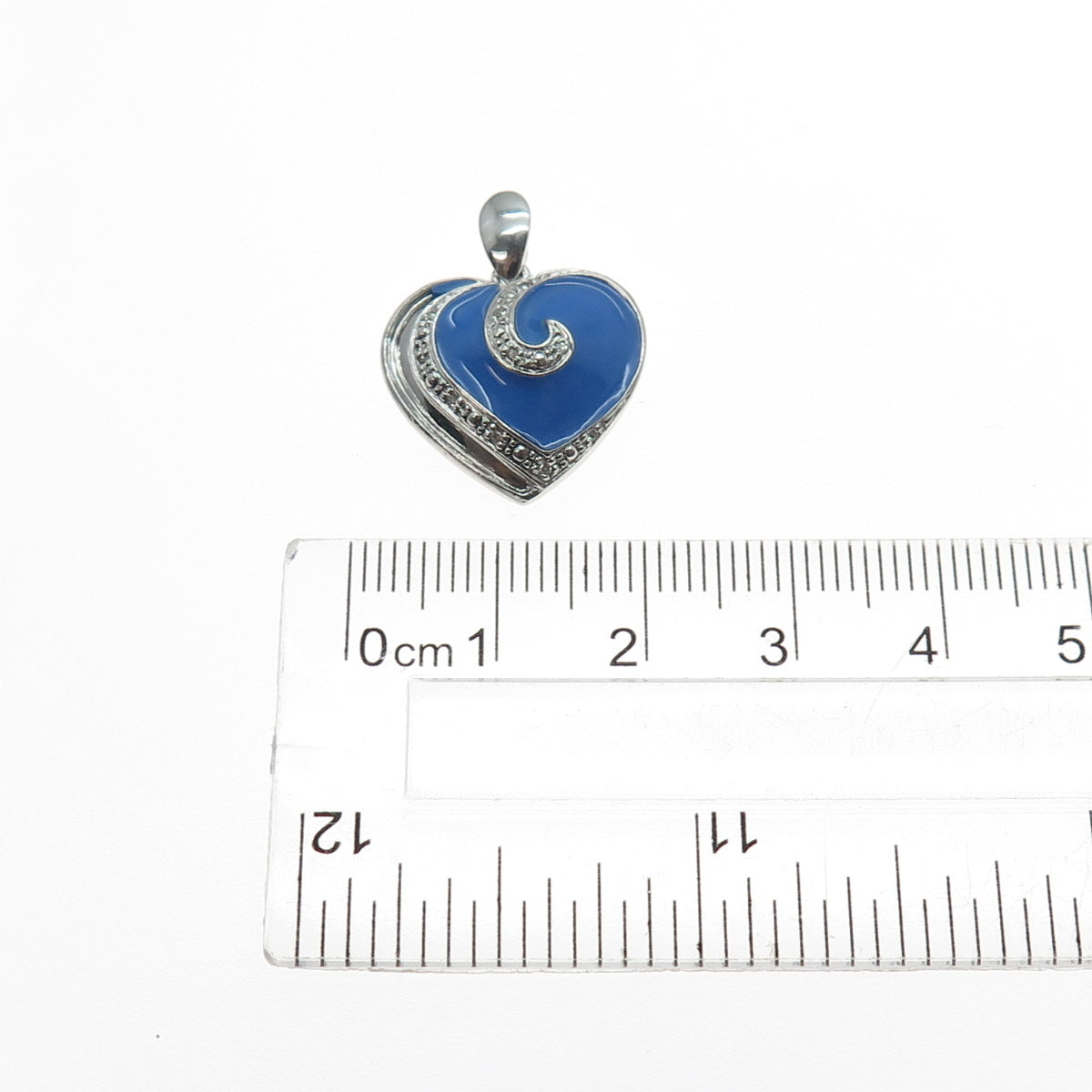 925 Sterling Silver Enamel Real Round-Cut Diamond Heart Charm Pendant