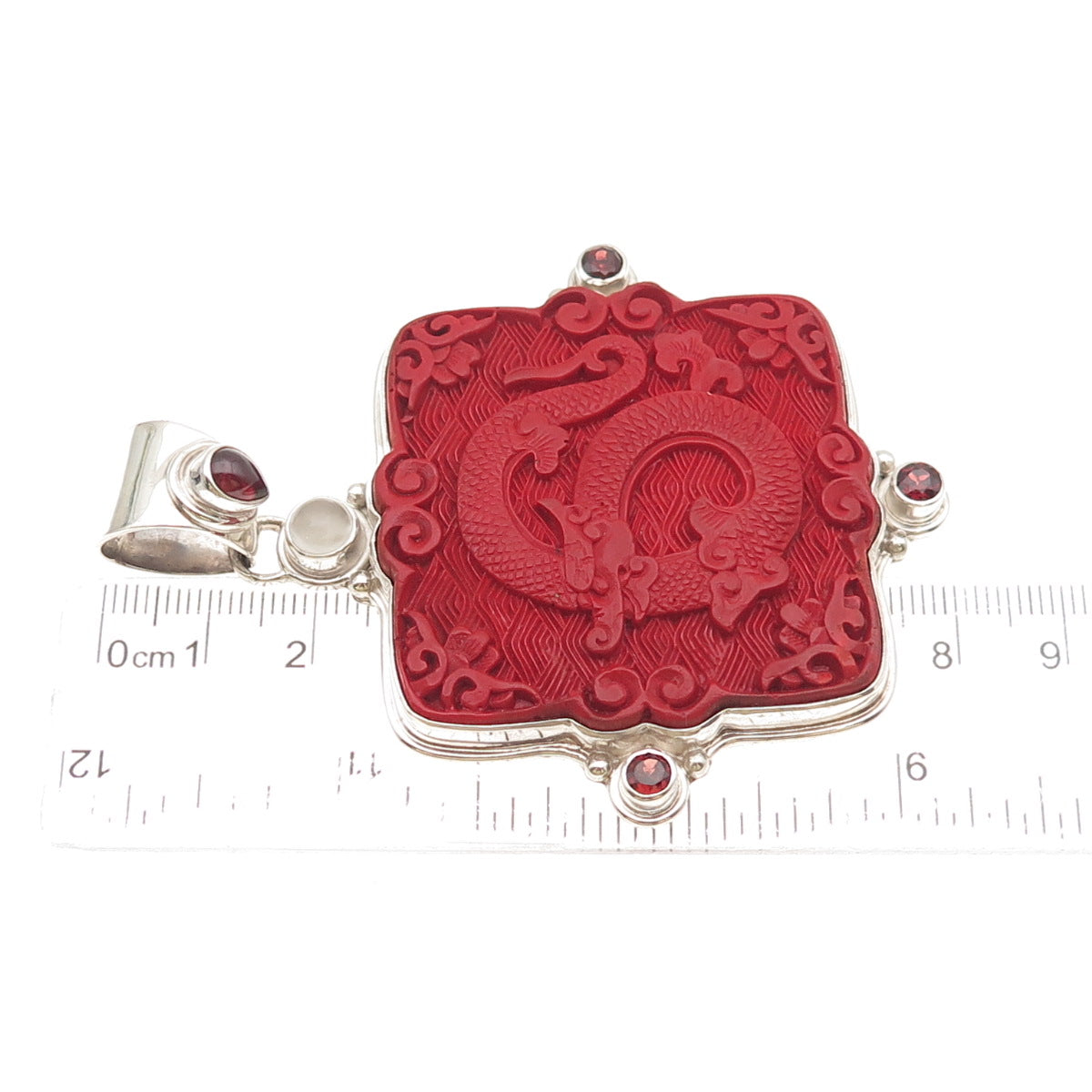 Sajen 925 Sterling Silver Vintage Real Cinnabar Garnet Moonstone Dragon Pendant