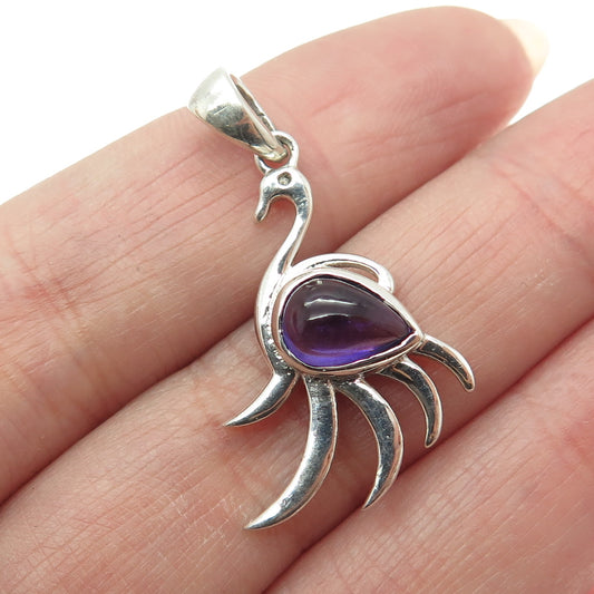 925 Sterling Silver Real Pear-Cut Amethyst Gemstone Swan Modernist Pendant
