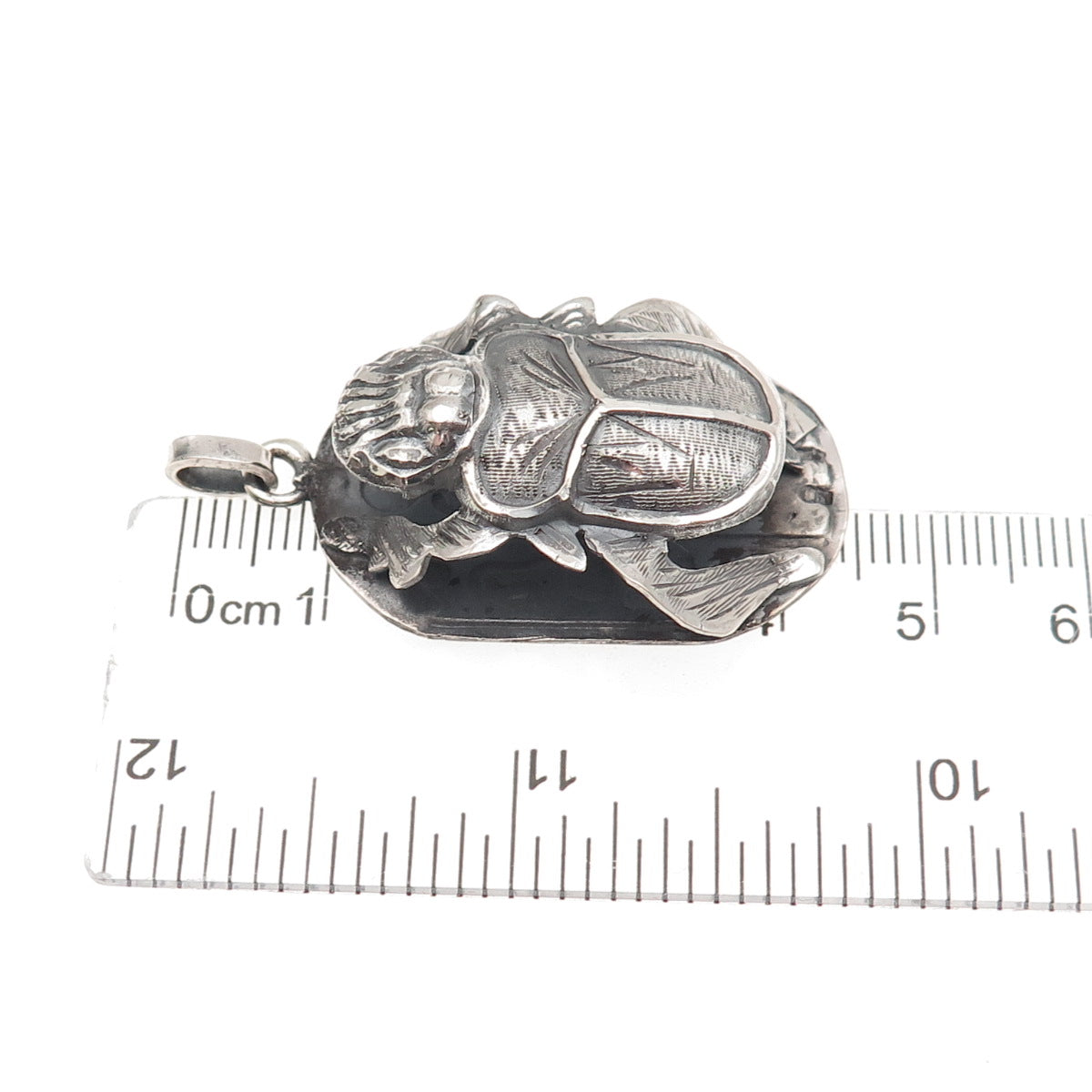 800 Silver Vintage Egyptian Scarab Oxidized 3D Charm Pendant