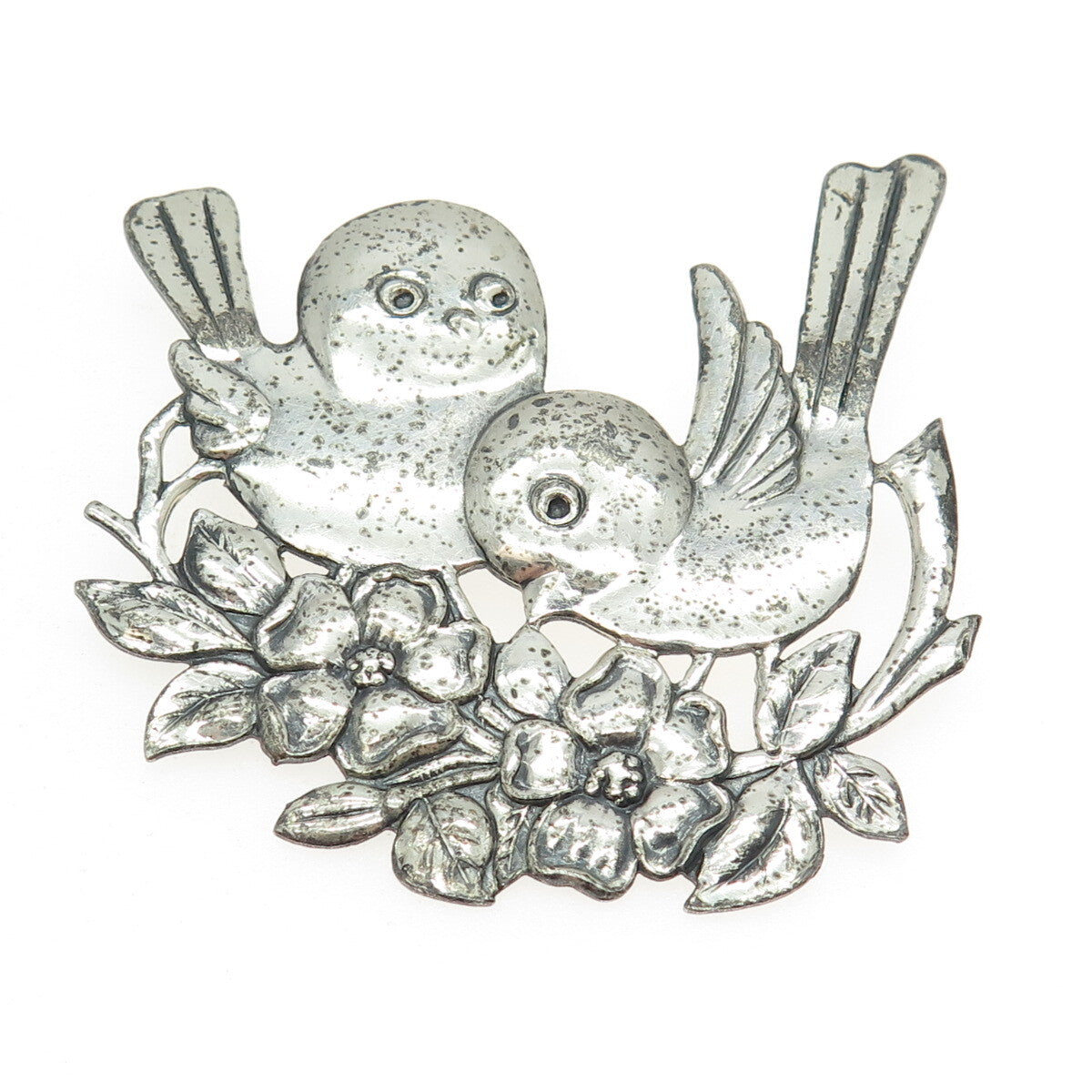 925 Sterling Silver Vintage Bird Couple Floral Blossom Pin Brooch