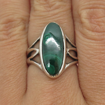 925 Sterling Silver Vintage Real Malachite Gemstone Statement Ring Size 8