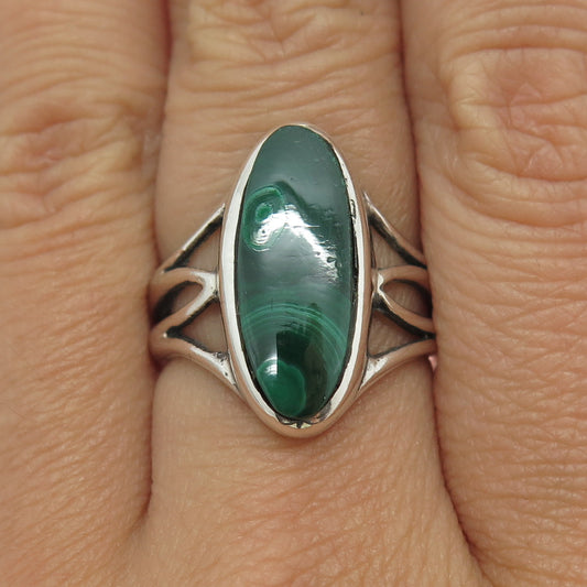 925 Sterling Silver Vintage Real Malachite Gemstone Statement Ring Size 8